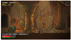 Pixel art gameplay of Indiana Jones jumping over obstacles in Atlantis